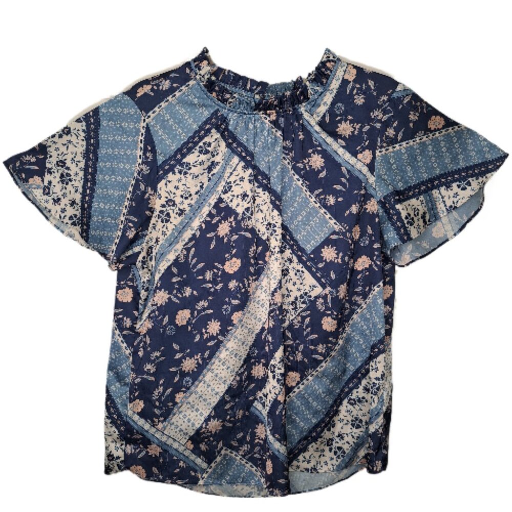 Cooper & Ella Blue Ruffle Keyhole Patterned Blouse Size Large